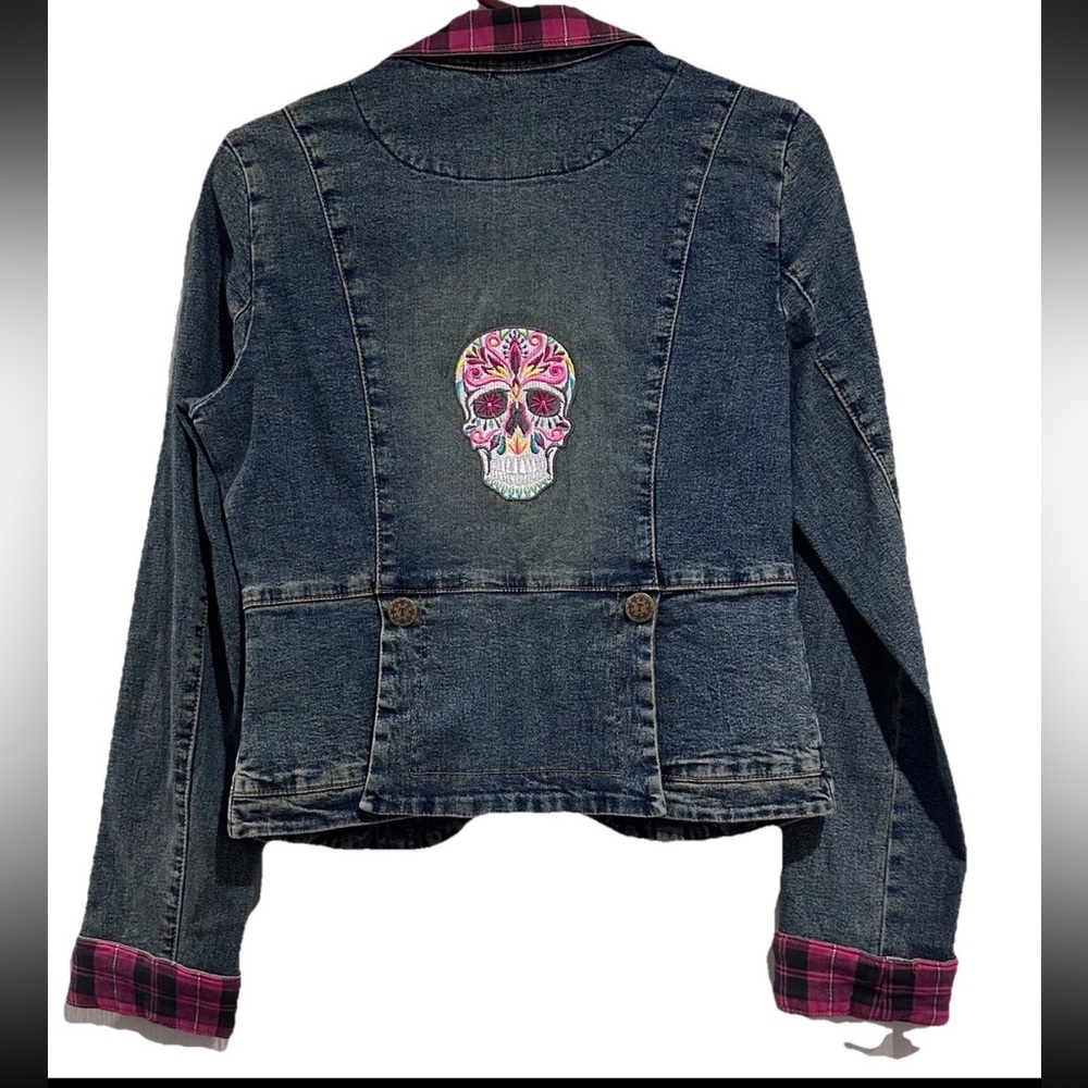 NWOT Y2K Traffic Soda Cropped Denim Blazer With Plaid Accent & Embroidered Back - Picture 4 of 11
